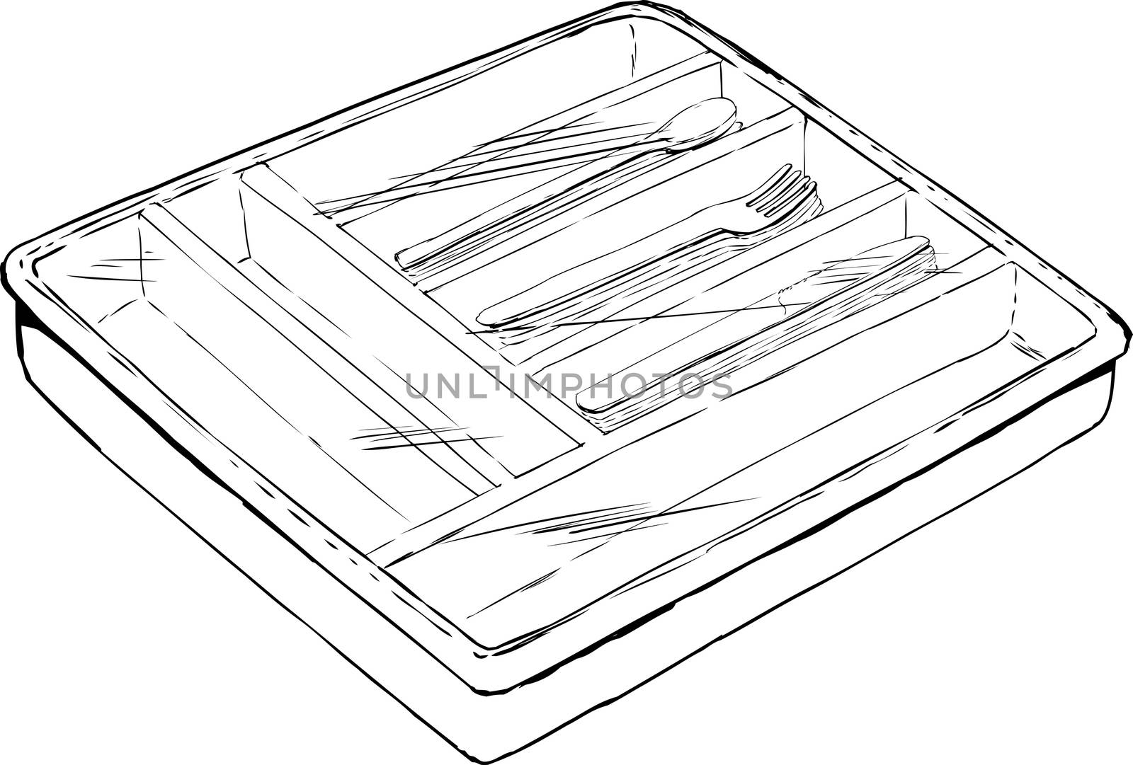 Outlined of isolated rectangular cutlery tray with spoons, forks and knives covered by plastic wrap