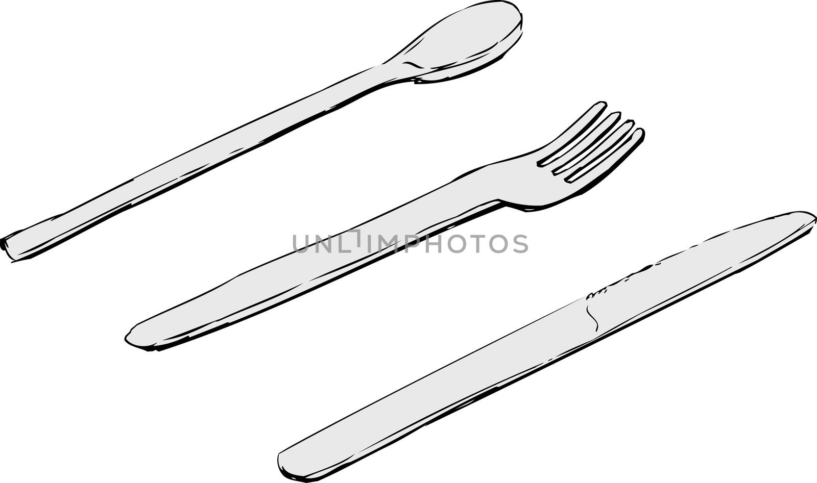 Hand drawn sketches of knife, fork and spoon over isolated white background