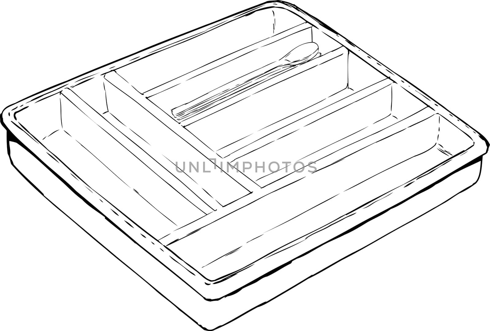 Outline of isolated rectangular cutlery tray with stack of spoons inside