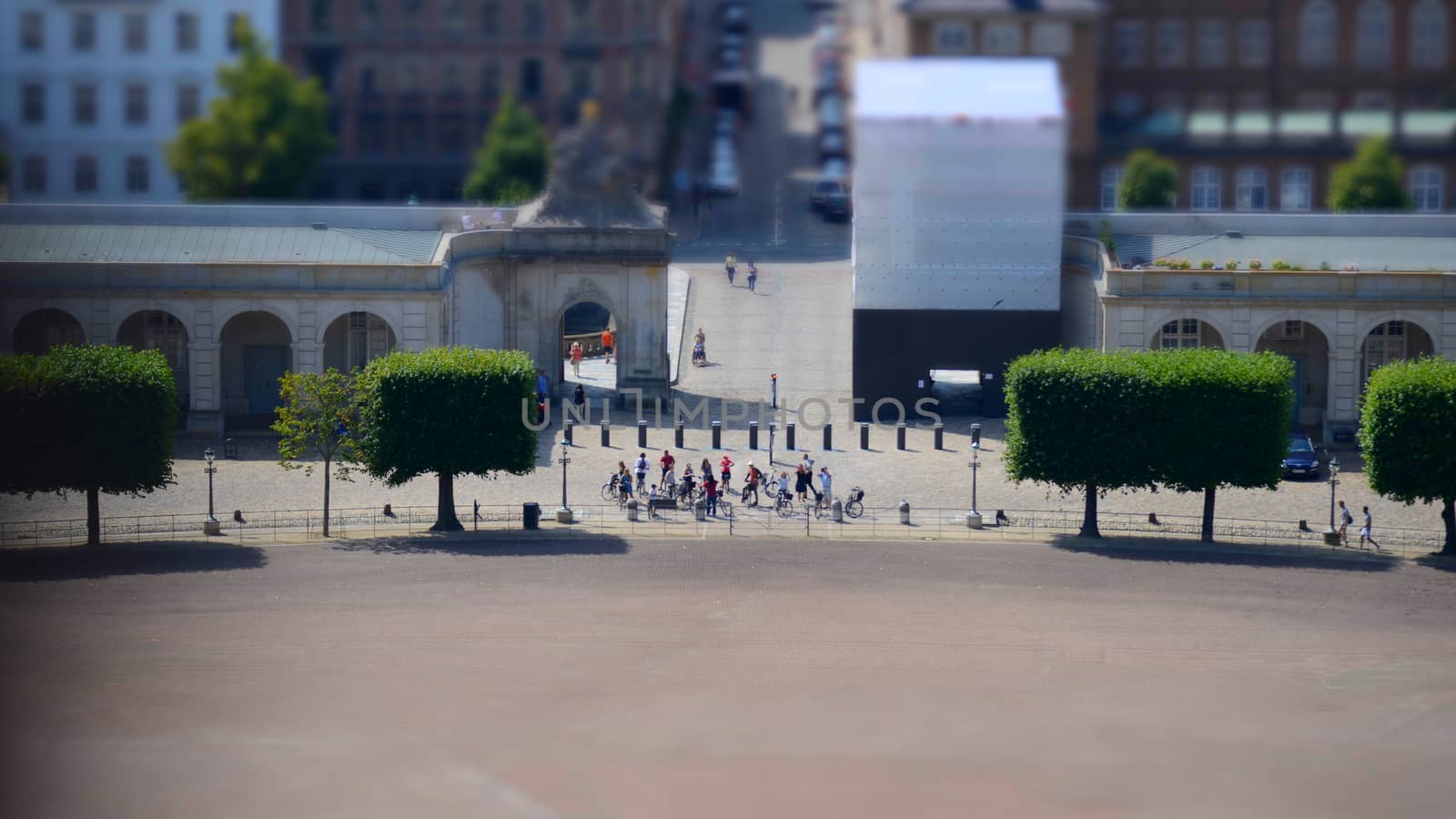 Copenhagen panoramic view from Amalienborg Palace and its square with roofs and buildings. Tilt shift.