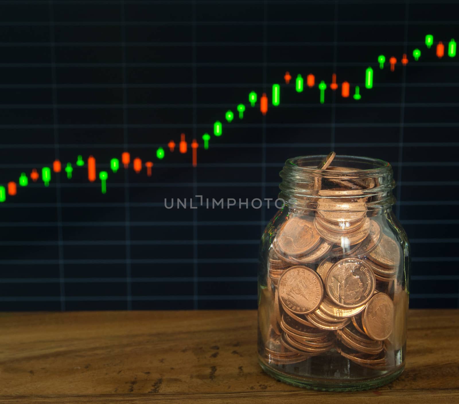golden coins jar  on the financial stock charts as background.