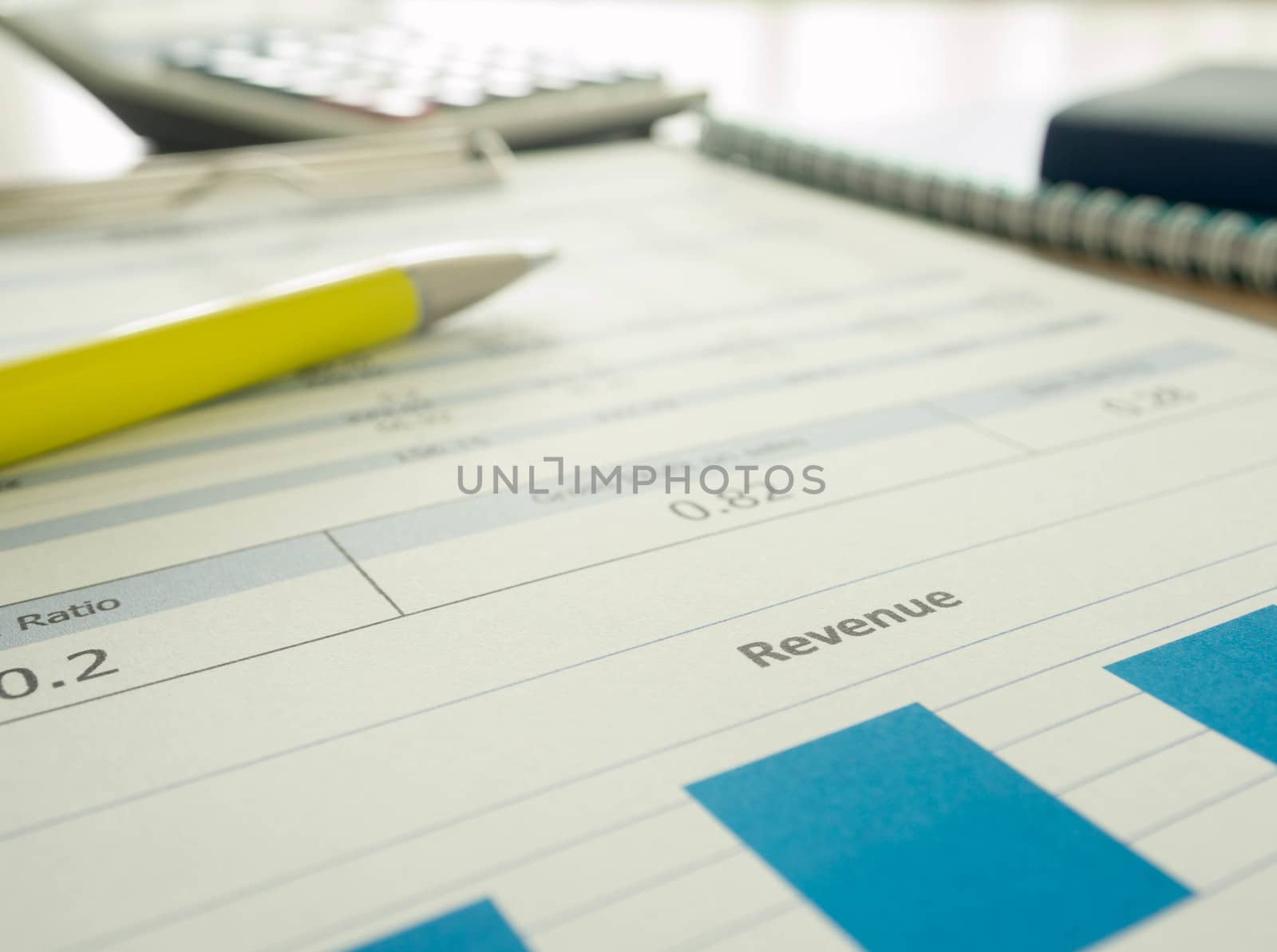 Marketer's desk with analysis Report,pen ,Calculator.selective focus.