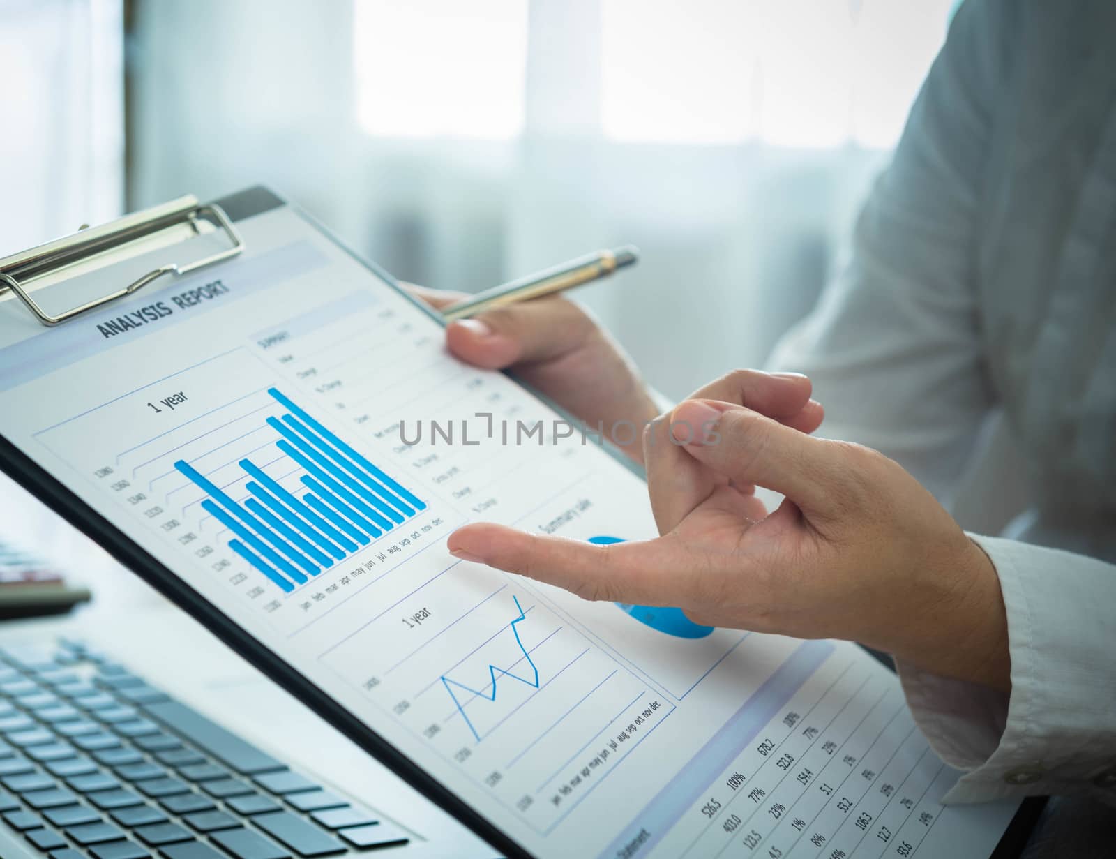 Businessmen are analyzing market data to clients or partners have been informed.