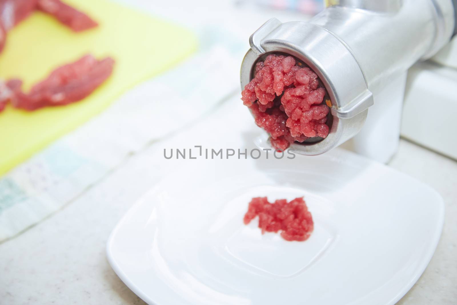 Mincing machine with forse meat. Close-up view