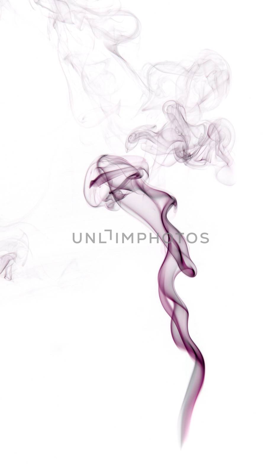 Purple insence smoke on white background with free space for your text.