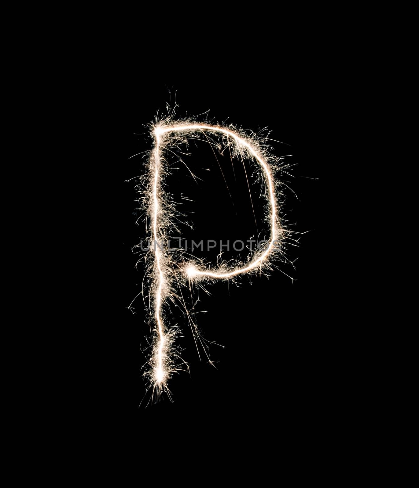 Letter P drew with spakrs on a black background.