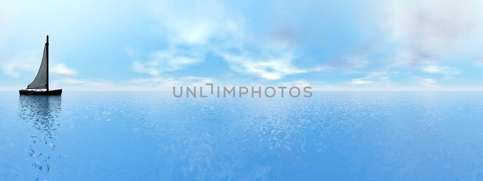 One small sailing boat floating on the water by day, 360 degrees effect - 3D render