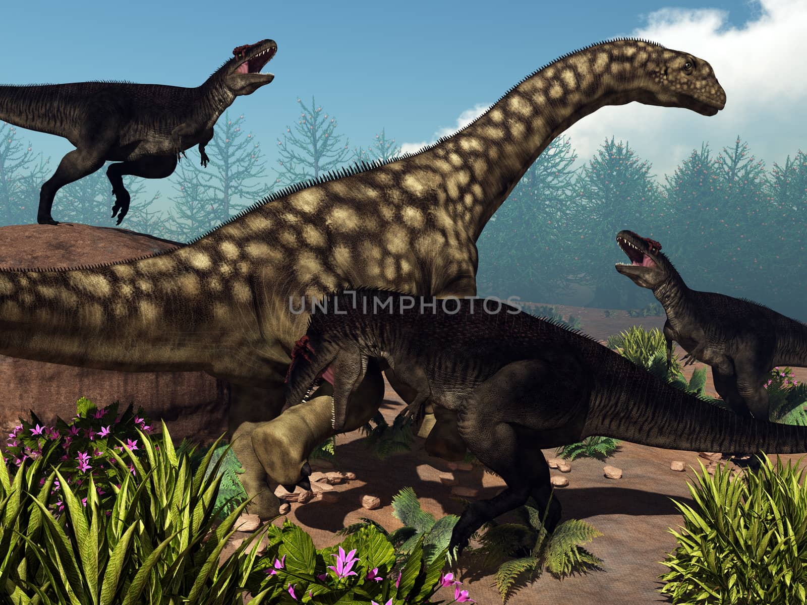 Tyrannotitan attacking an argentinosaurus dinosaur - 3D render by Elenaphotos21