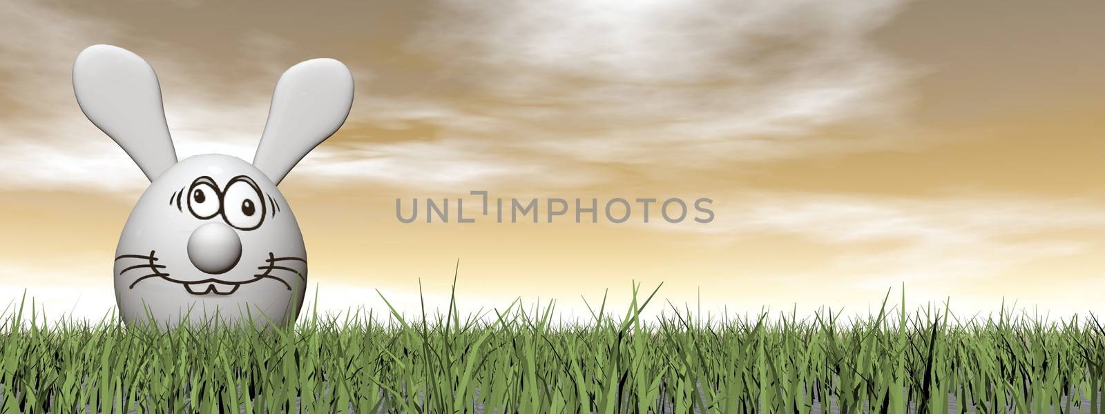 Easter white rabbit egg with crazy smiling face in the grass - 3D render