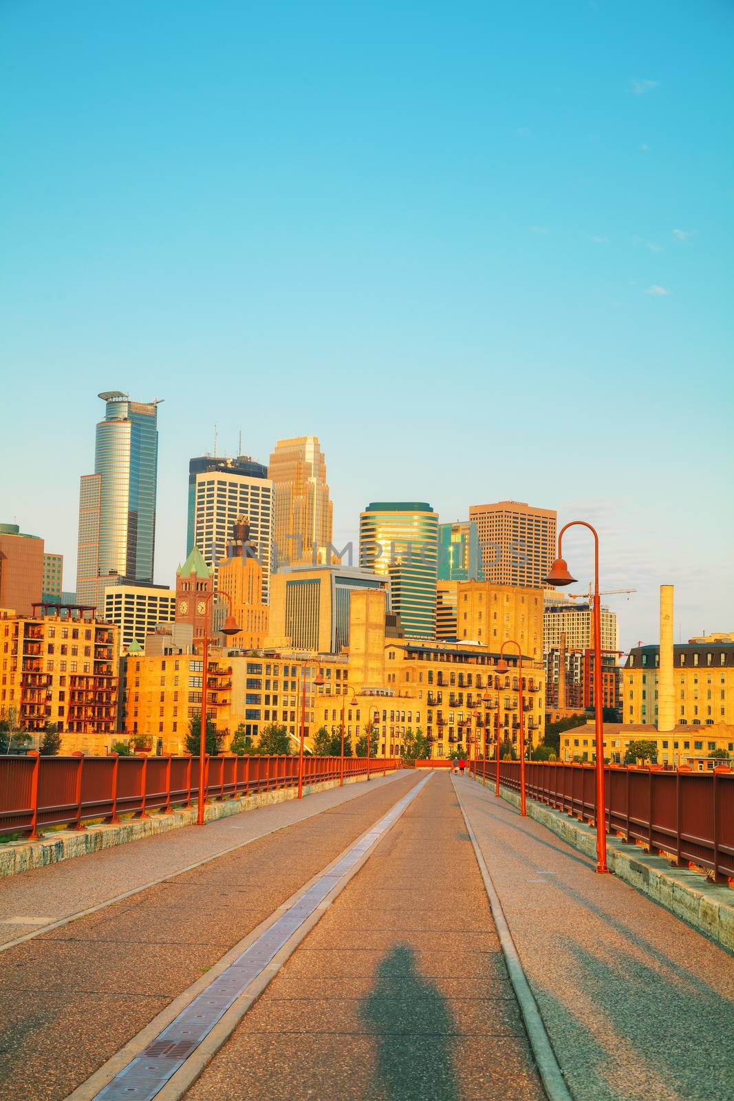 Downtown Minneapolis, Minnesota in the morning as seen from the famous stone arch bridge