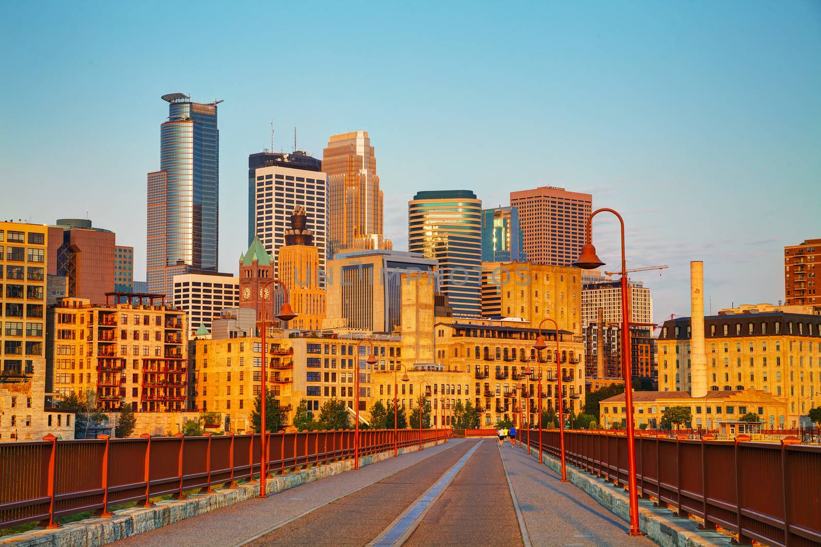 Downtown Minneapolis, Minnesota in the morning as seen from the famous stone arch bridge