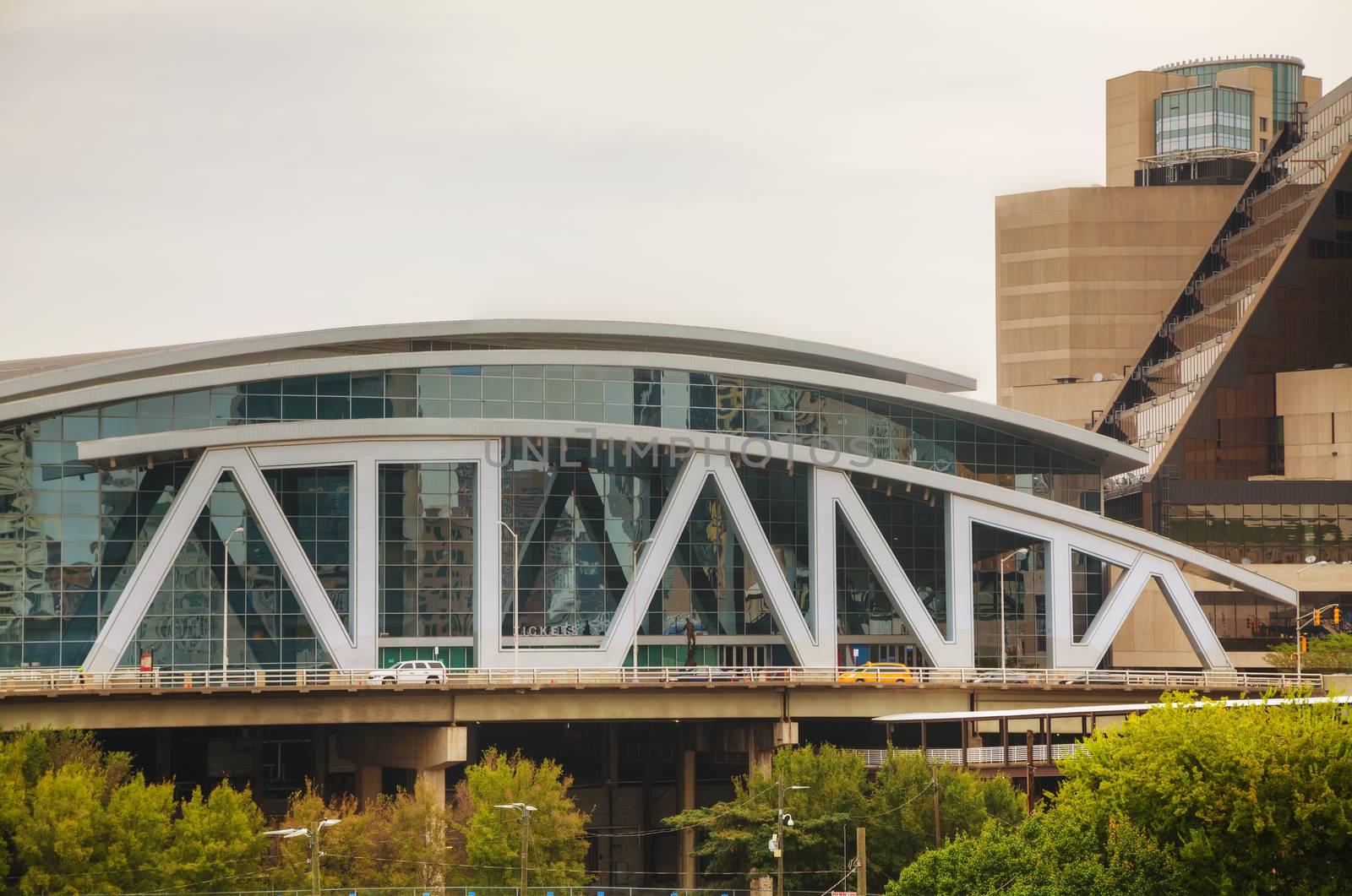 ATLANTA - AUGUST 29: Philips Arena and CNN Center on August 29, 2015 in Atlanta, GA. Philips Arena is a multi-purpose indoor arena. It was completed and opened in 1999 to replace The Omni.