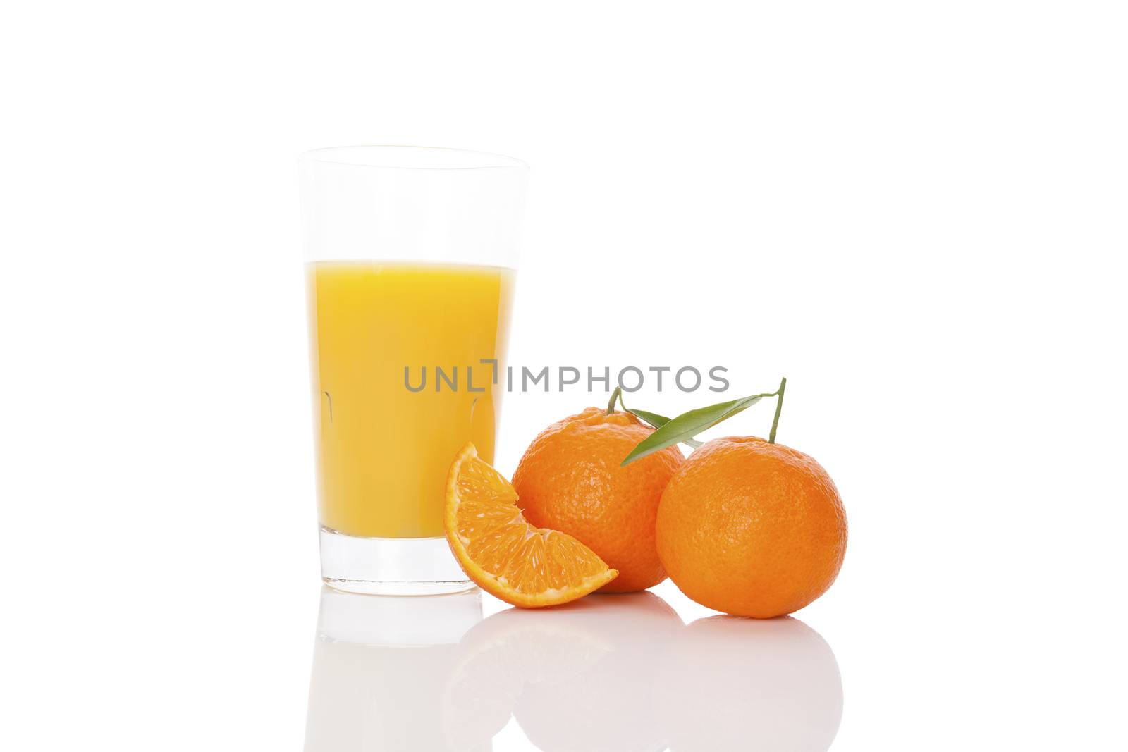 Fresh tangerine juice and ripe mandarin isolated on white background. Healthy fresh fruit juice.