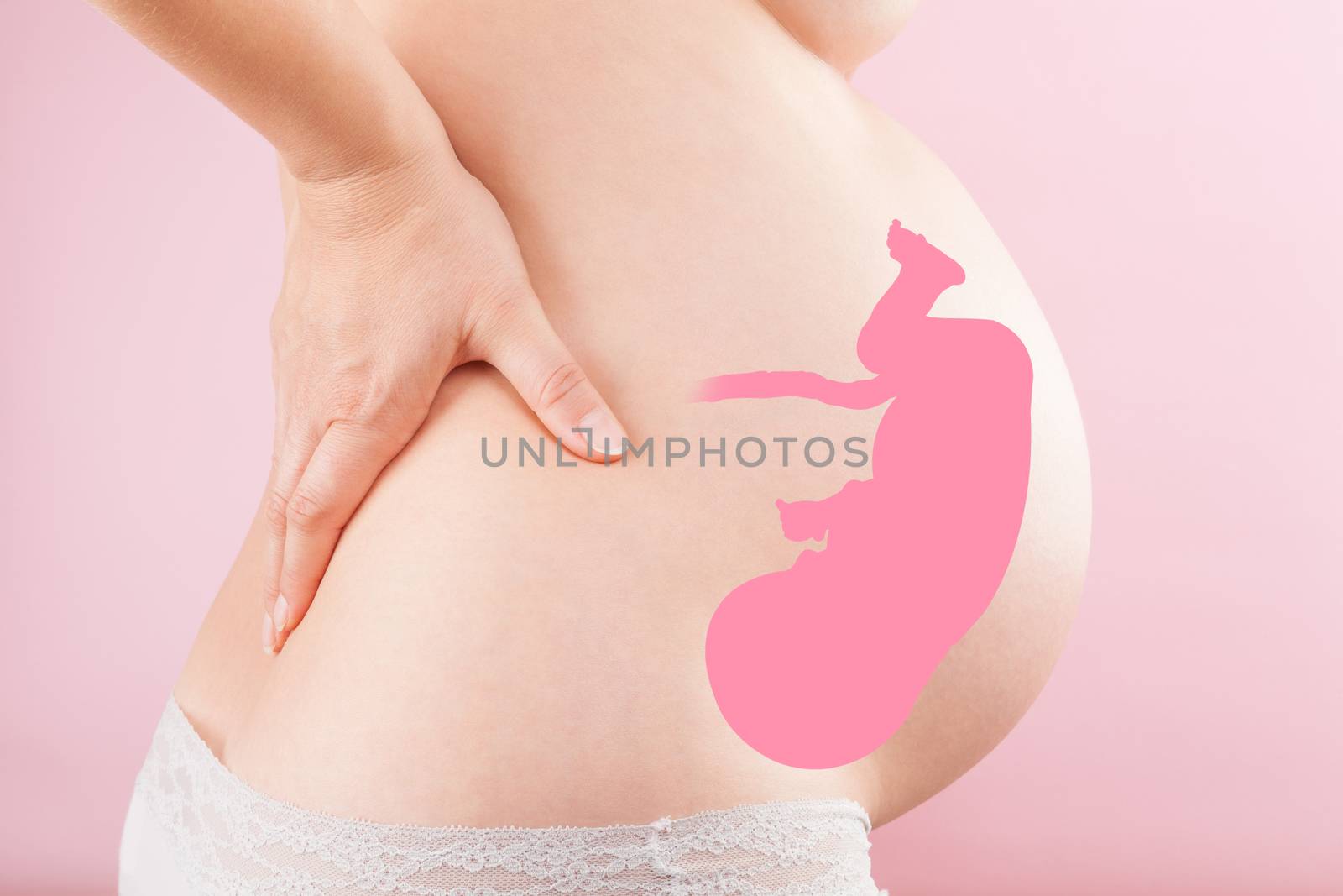 Beautiful woman with baby illustration on big belly in 9 month. Motherhood and pregnancy.