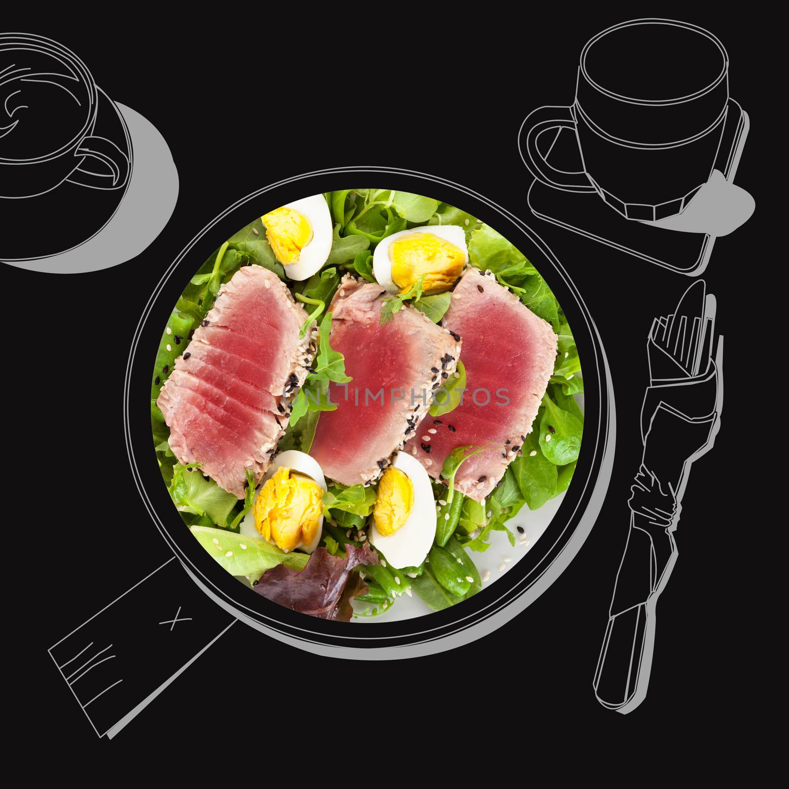 Delicious tuna steak with salad. Fine dining, exquisite luxurious gastronomy background. 