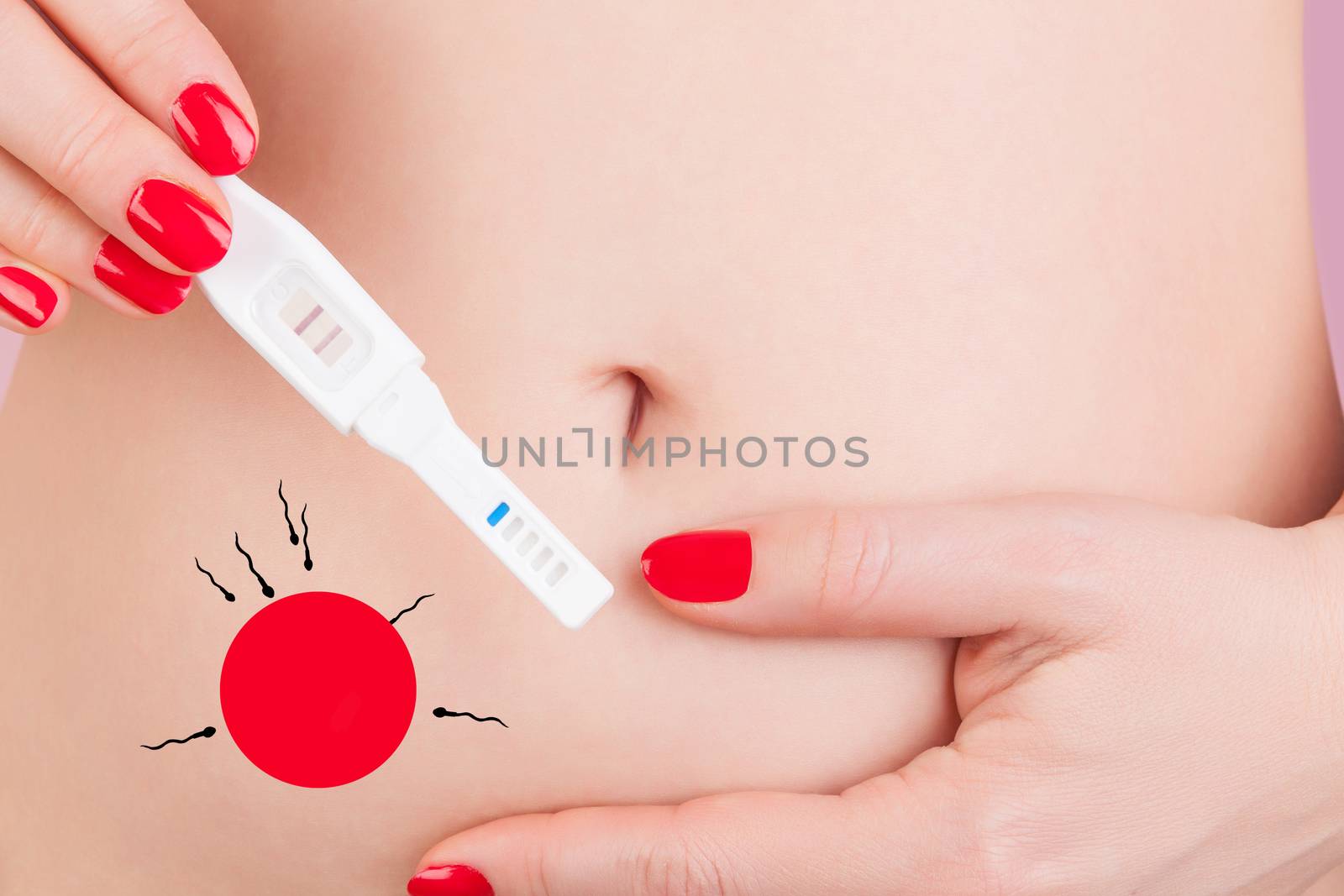 Sexy woman with red nails holding pregnancy test against her belly with sperm and egg illustration. Conception. Maternity and pregnancy test.