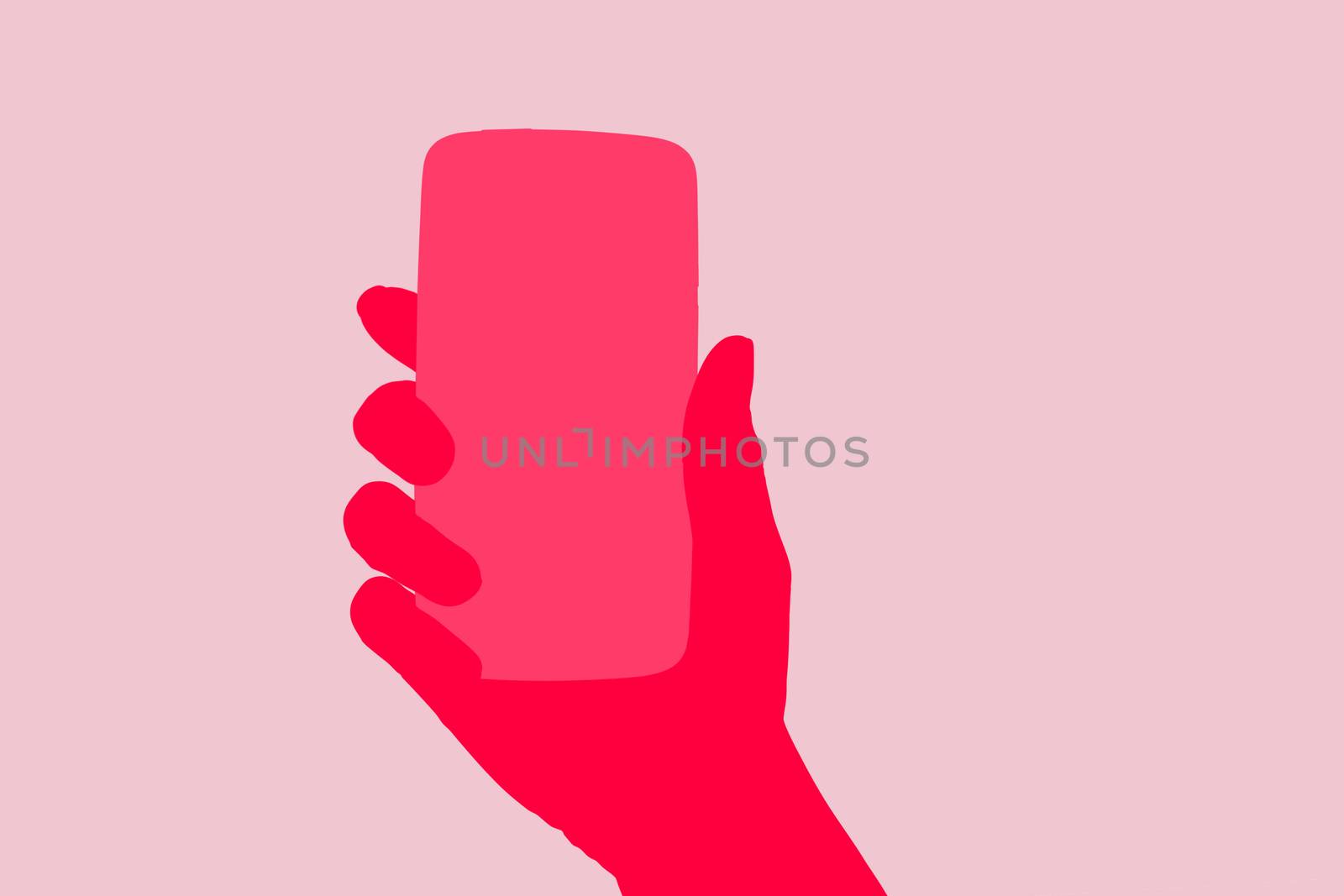 Smartphone. Female hand holding smartphone in hand. Illustration in pink. Woman and technology, feminine technology.