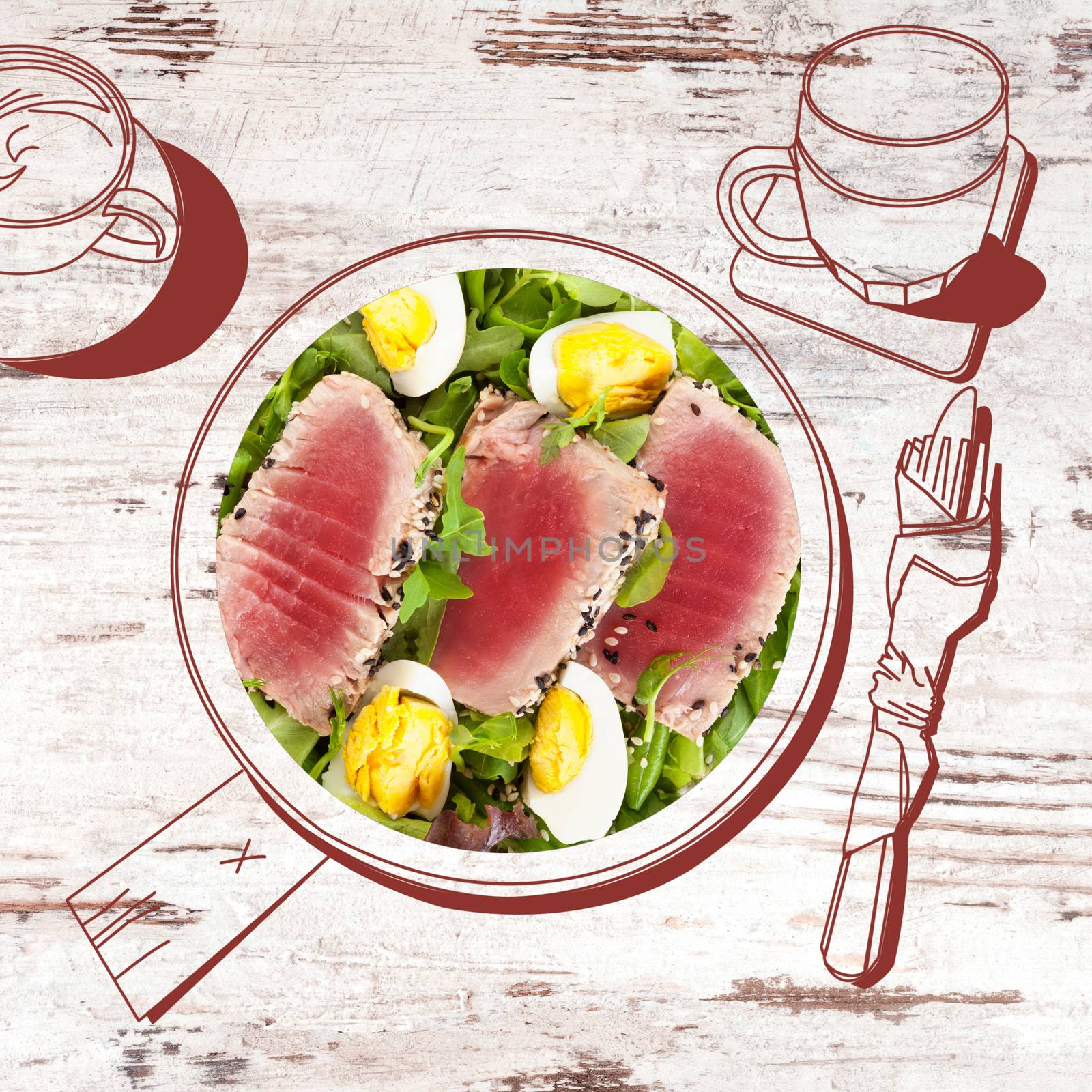 Delicious tuna steak with salad. by eskymaks