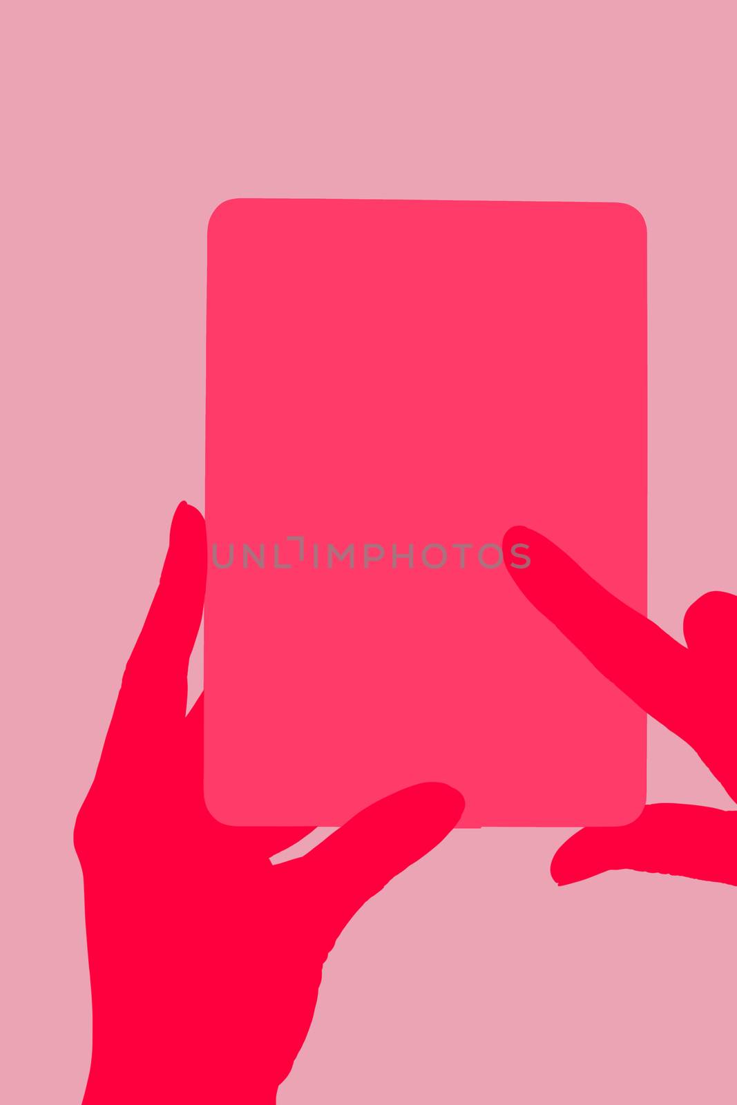 Female hand touching a tablet. Reading, education and learning concept. Illustration.