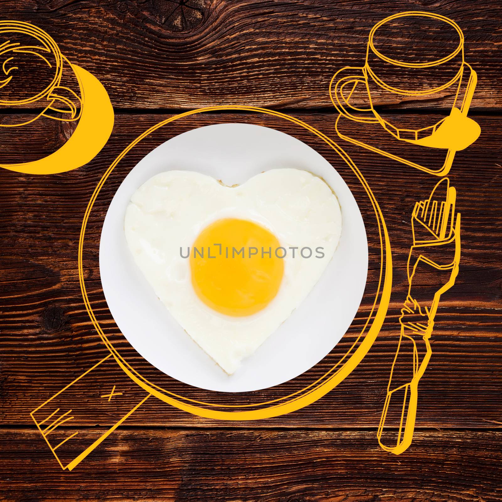 Delicious breakfast. Sunnyside fried egg. Photography and illustration. 