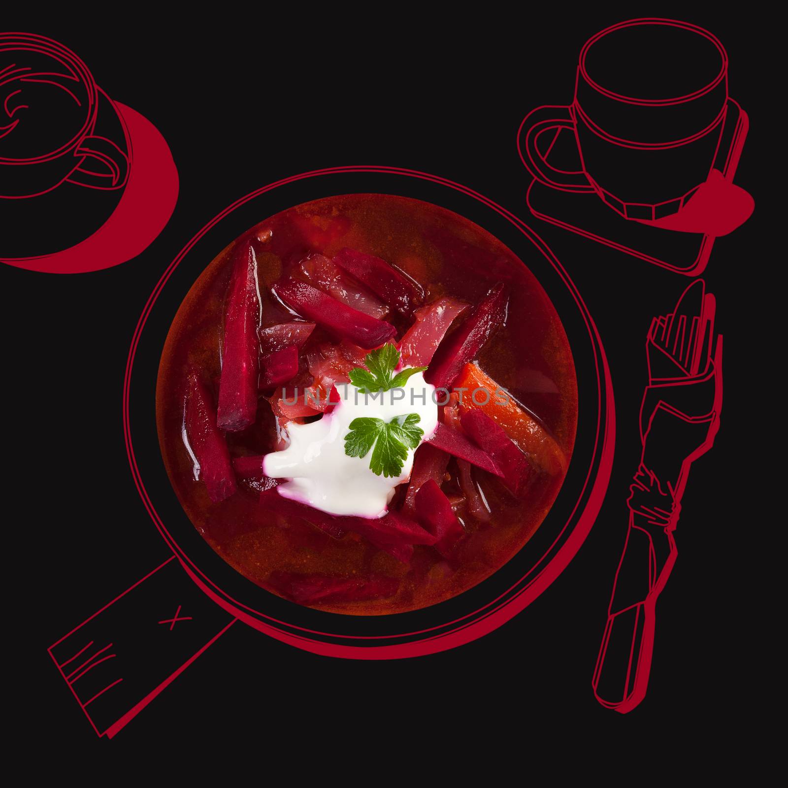 Delicious borsch soup. Fine dining, exquisite luxurious gastronomy background. 
