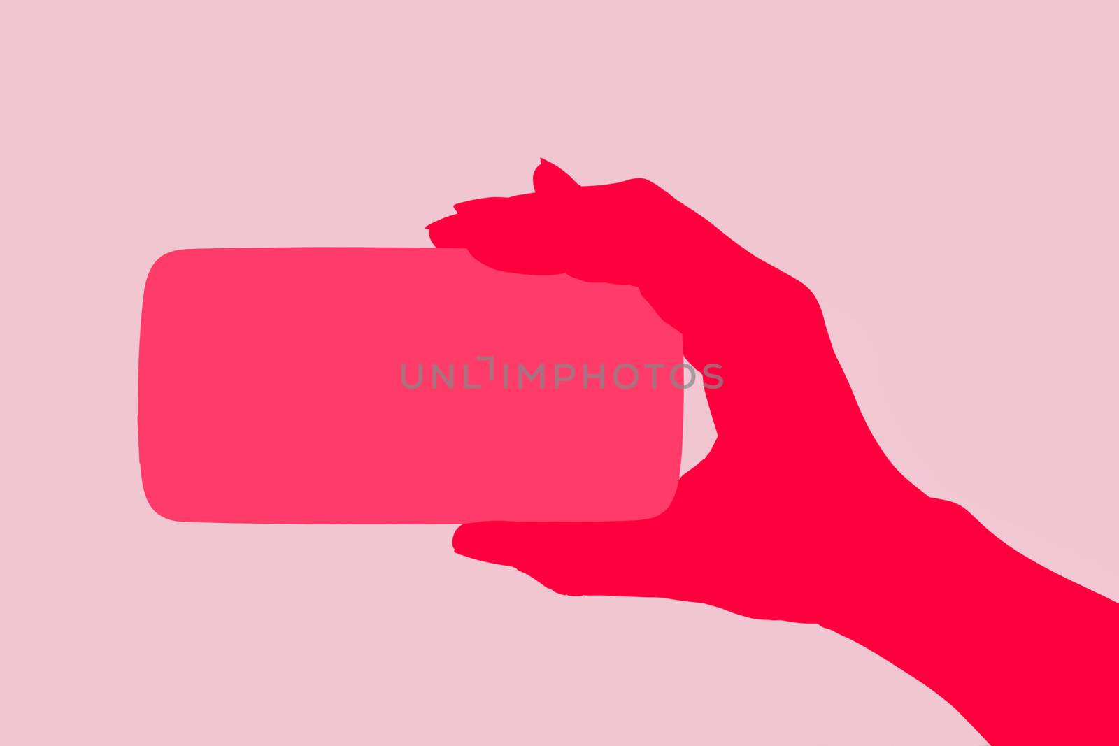Smartphone. Female hand holding smartphone in hand. Illustration in pink. Woman and technology, feminine technology.