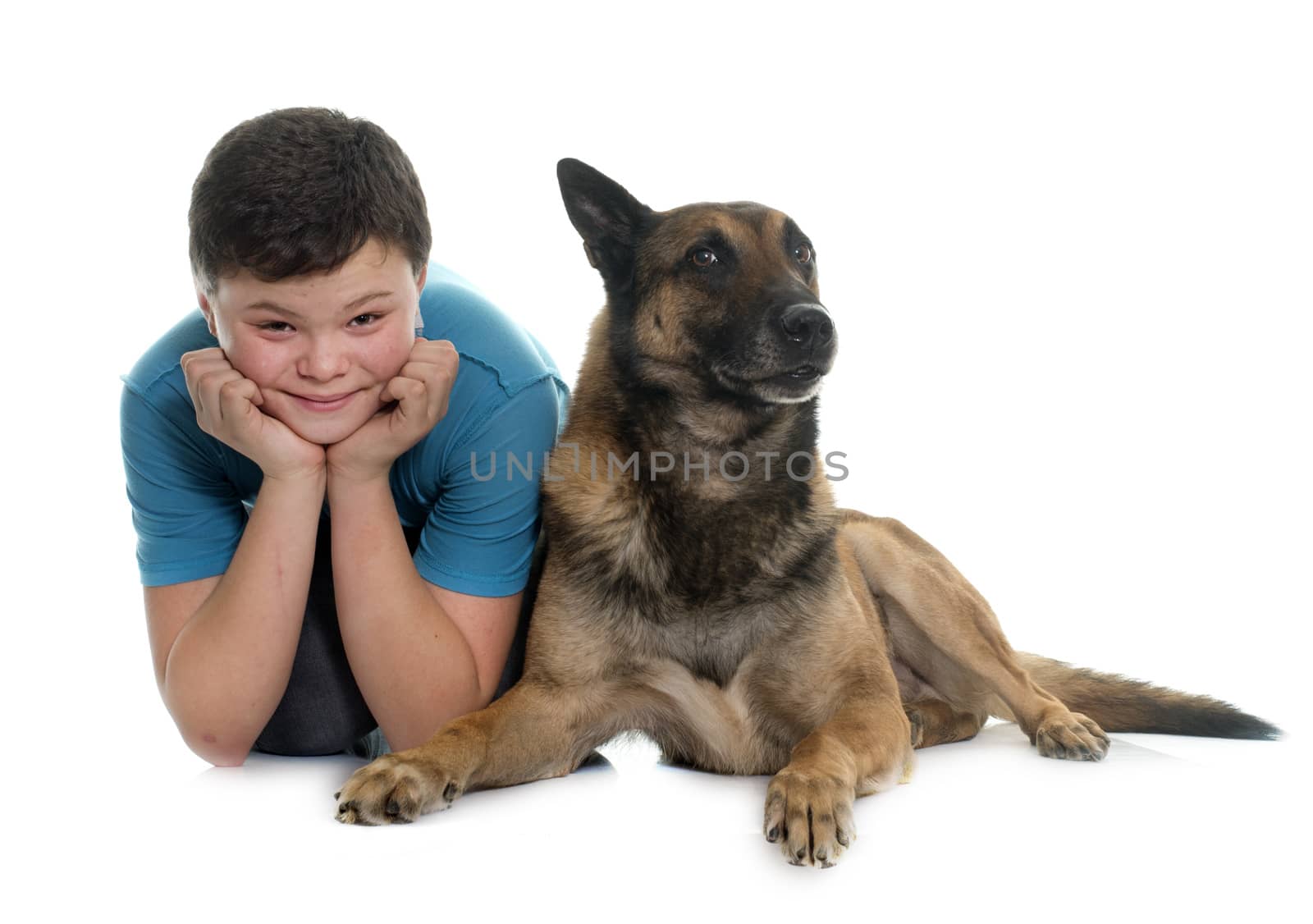 child and malinois in front of white background