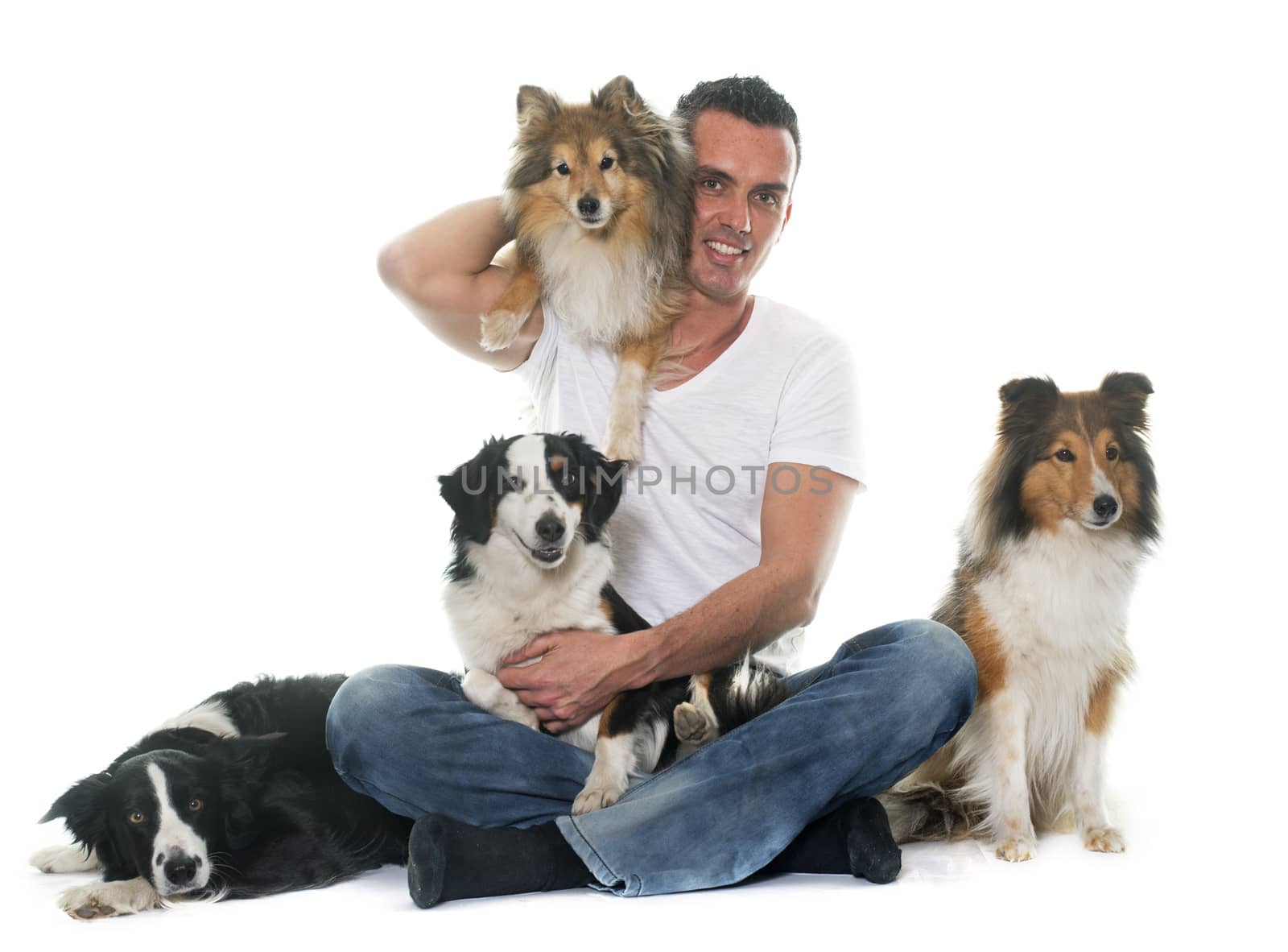 four beautiful dogs and man in front of white background