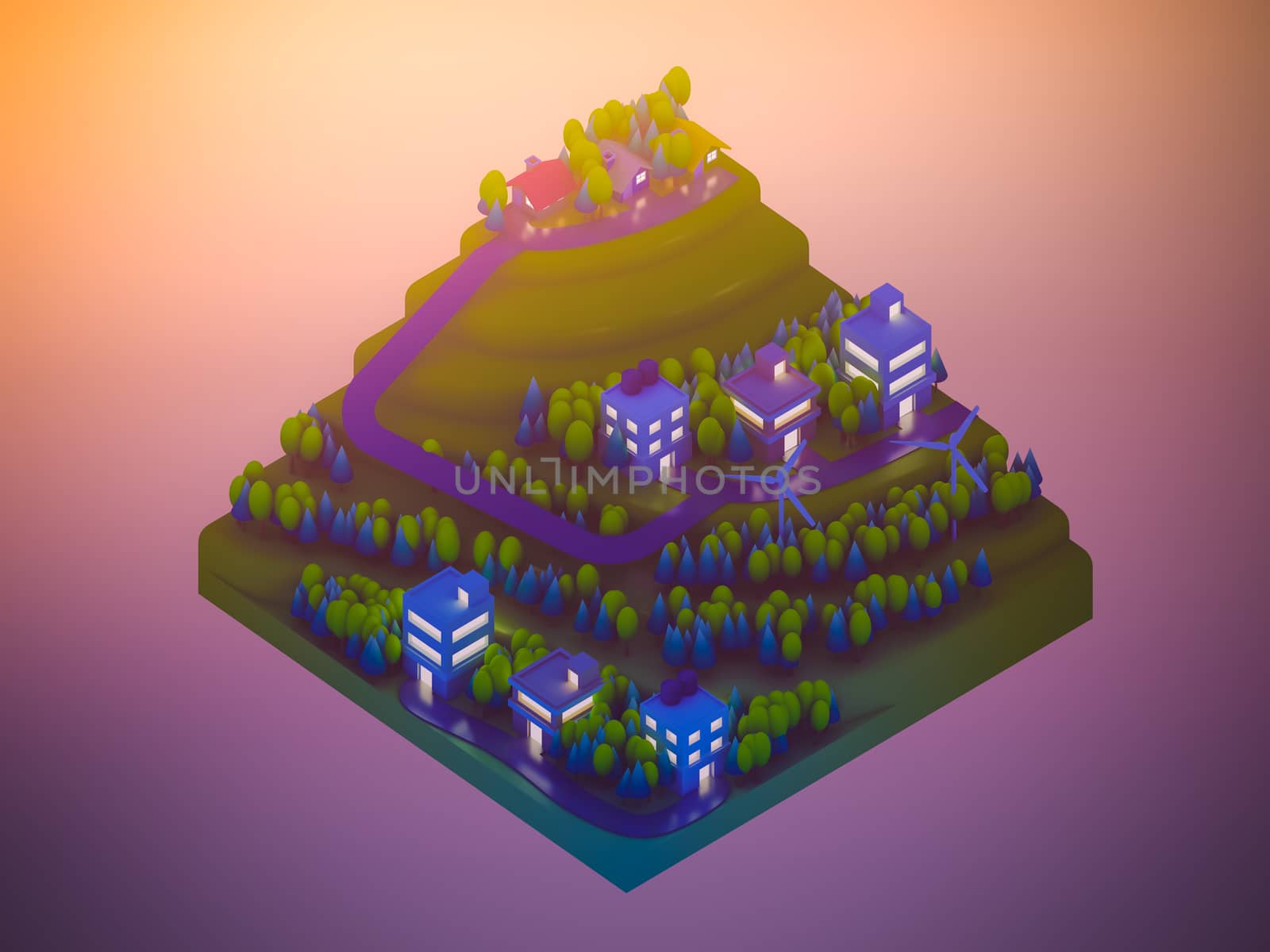  isometric city buildings, landscape, Road and river, night scene,  isometric background