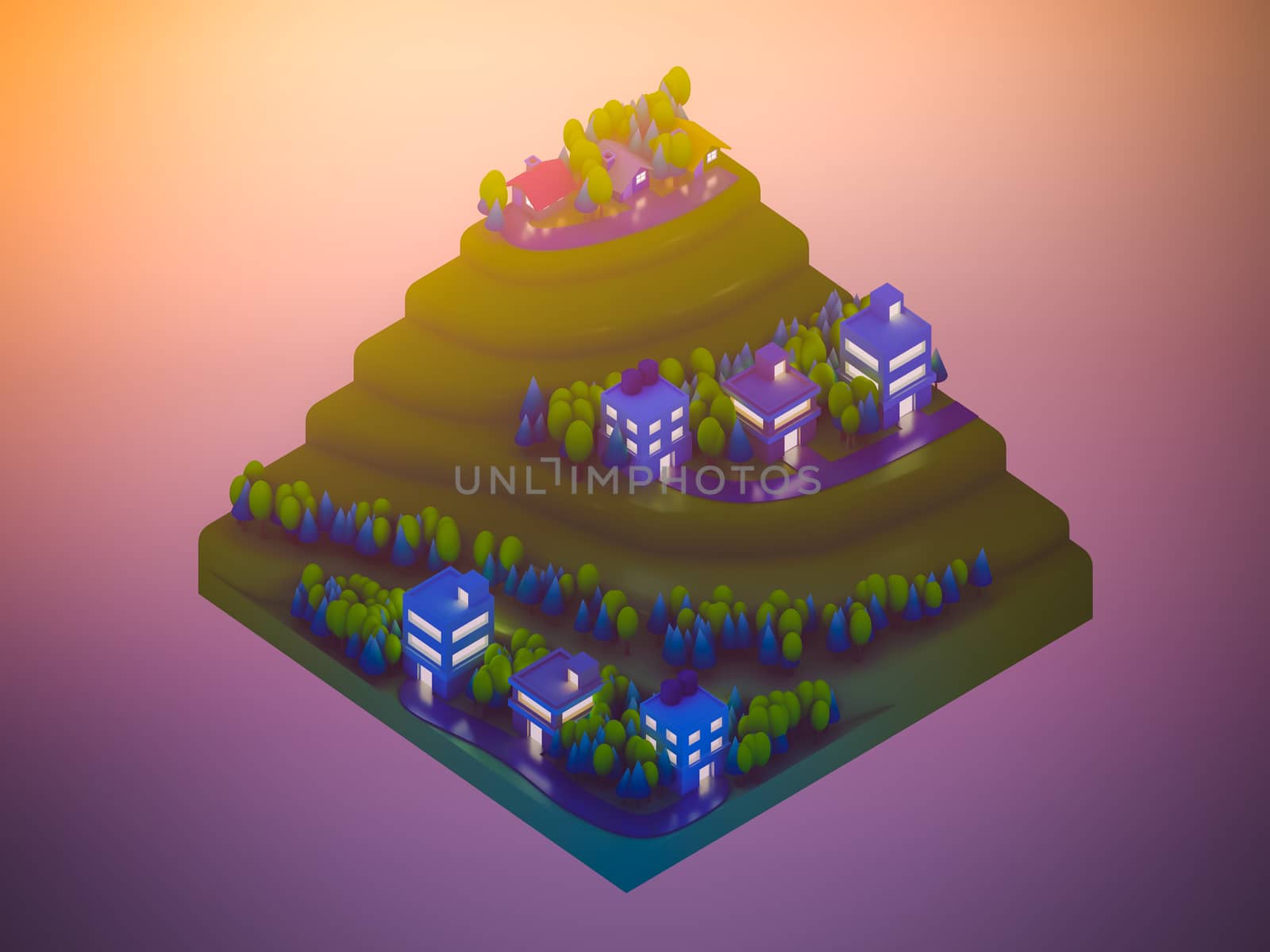  isometric city buildings, landscape, Road and river, night scene, isometric background