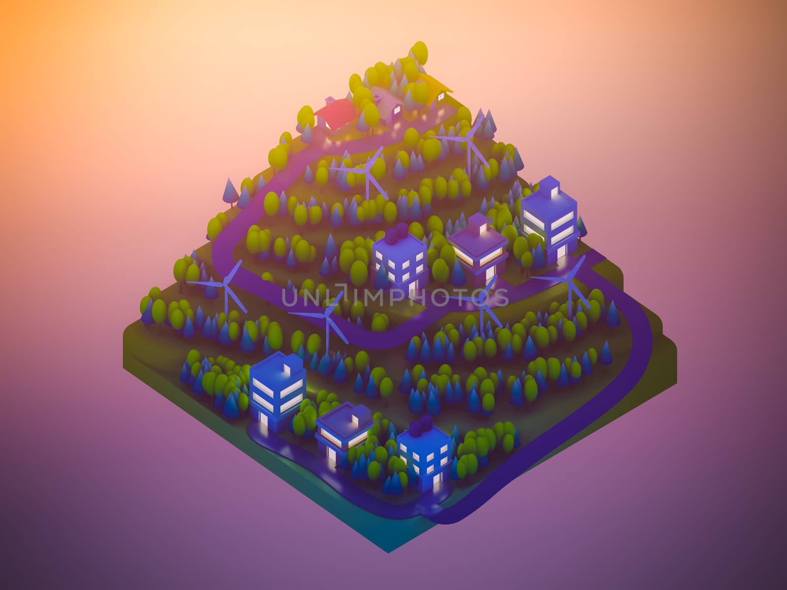  isometric city buildings, landscape, Road and river, night scen by teerawit