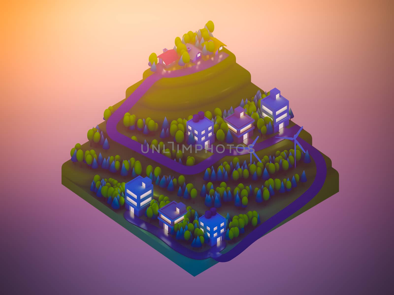  isometric city buildings, landscape, Road and river, night scen by teerawit