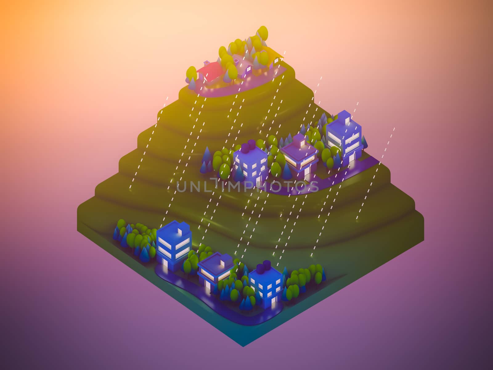  isometric city buildings, landscape, Road and river, night scen by teerawit