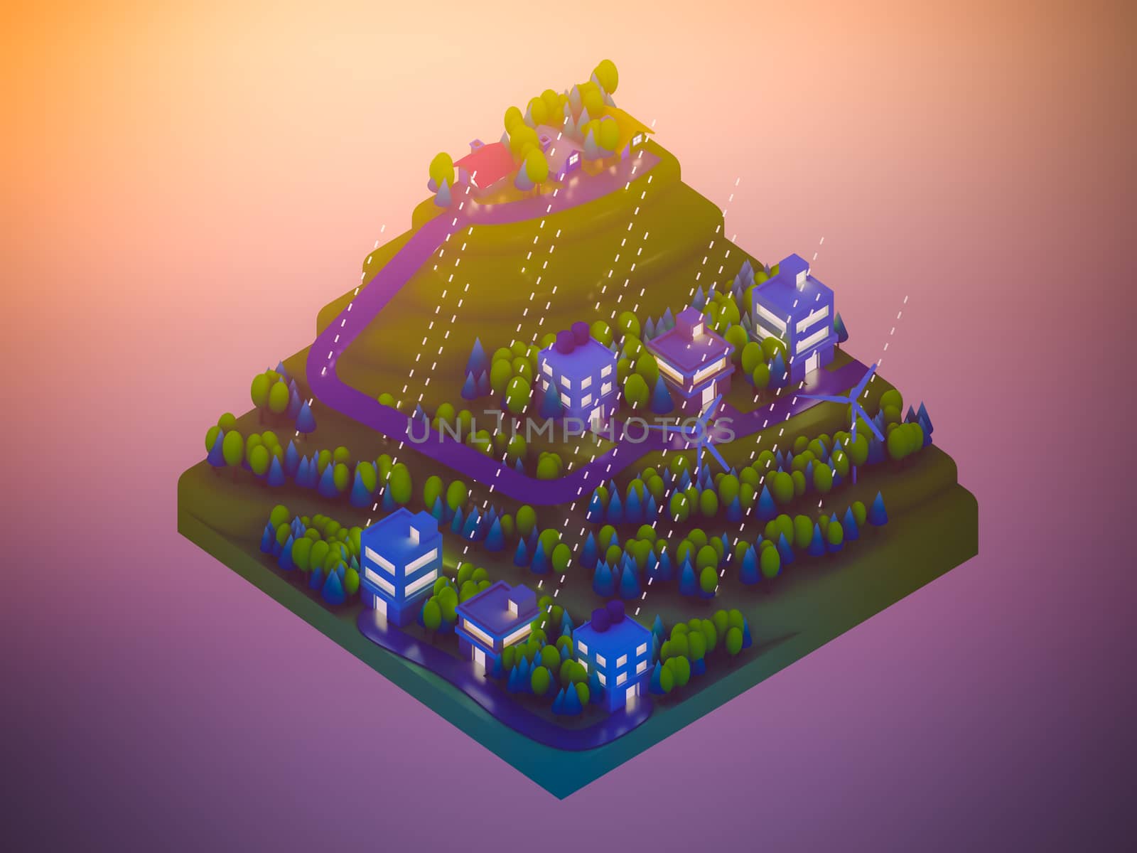  isometric city buildings, landscape, Road and river, night scen by teerawit