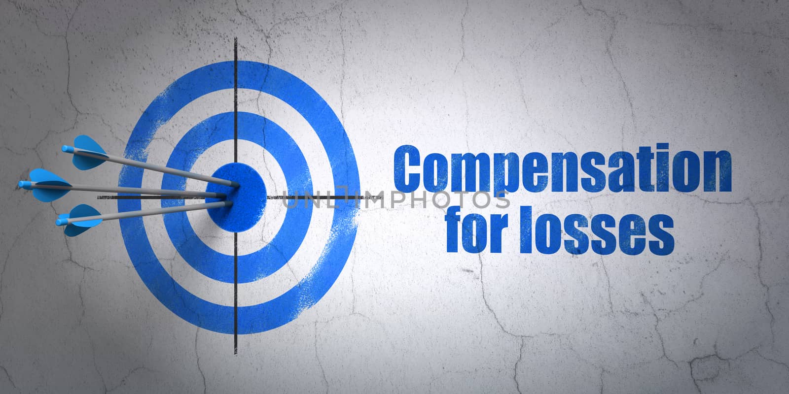 Success banking concept: arrows hitting the center of target, Blue Compensation For losses on wall background