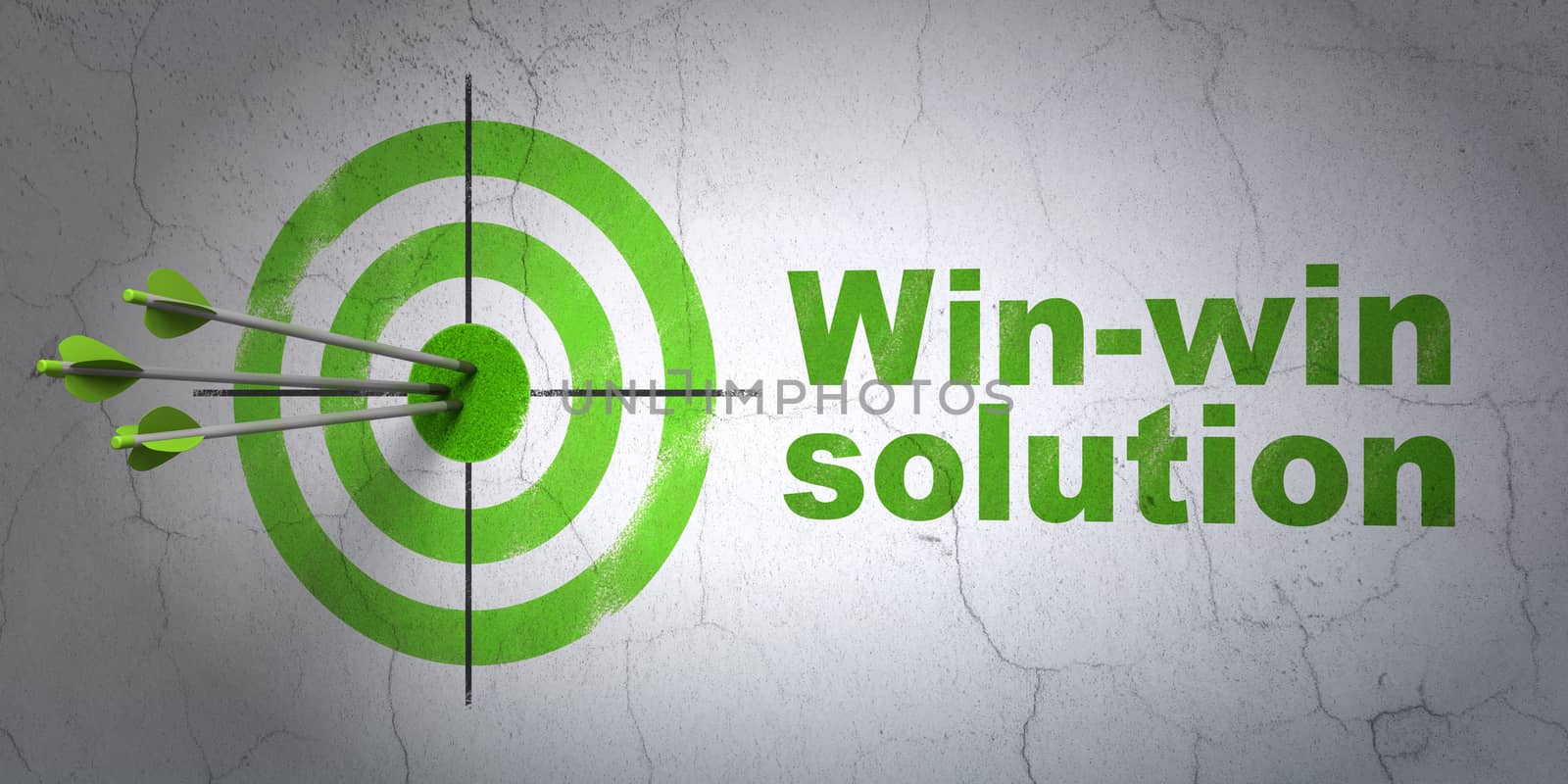 Success business concept: arrows hitting the center of target, Green Win-win Solution on wall background