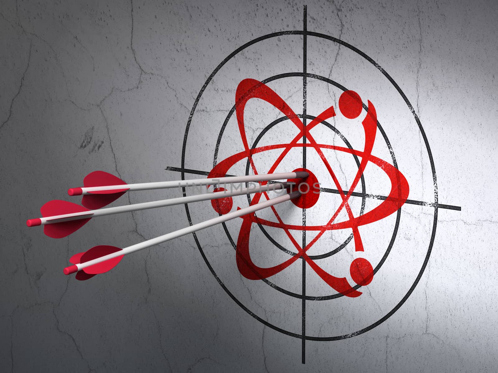 Success Science concept: arrows hitting the center of Red Molecule target on wall background