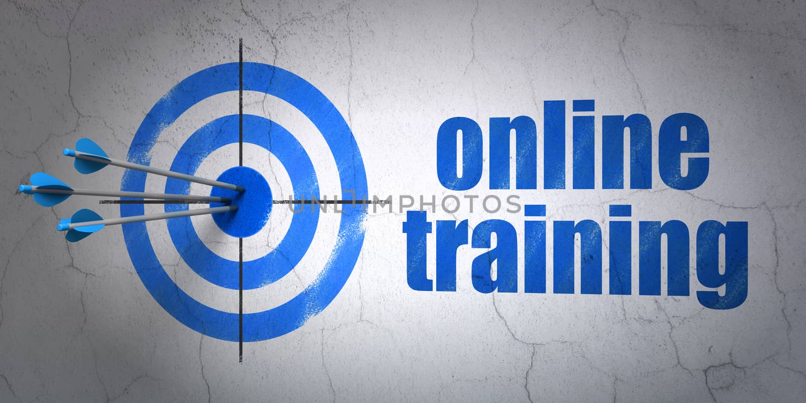 Success Studying concept: arrows hitting the center of target, Blue Online Training on wall background