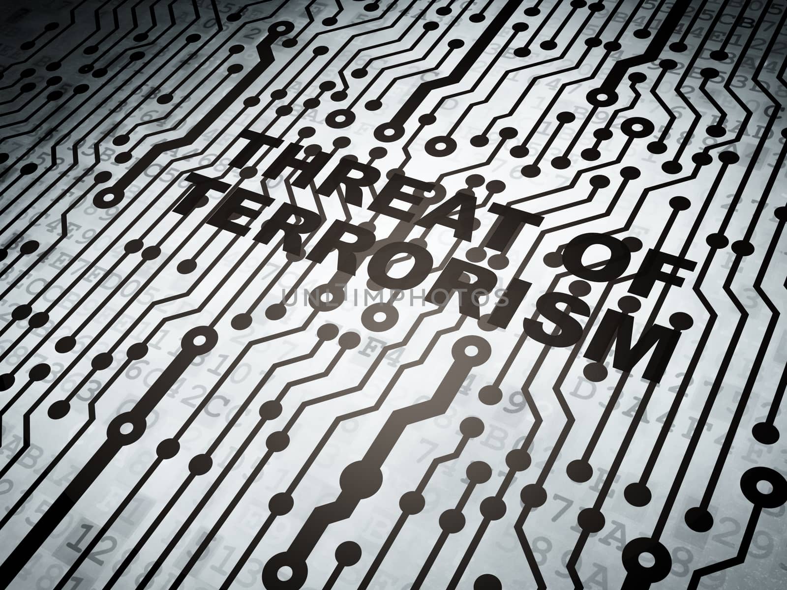 Political concept: circuit board with  word Threat Of Terrorism, 3d render