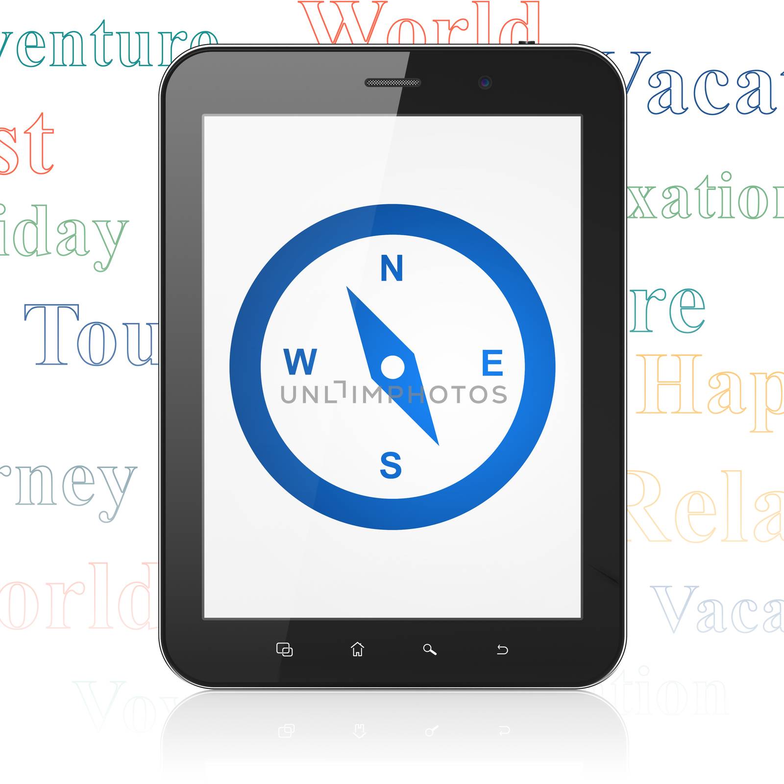 Vacation concept: Tablet Computer with  blue Compass icon on display,  Tag Cloud background