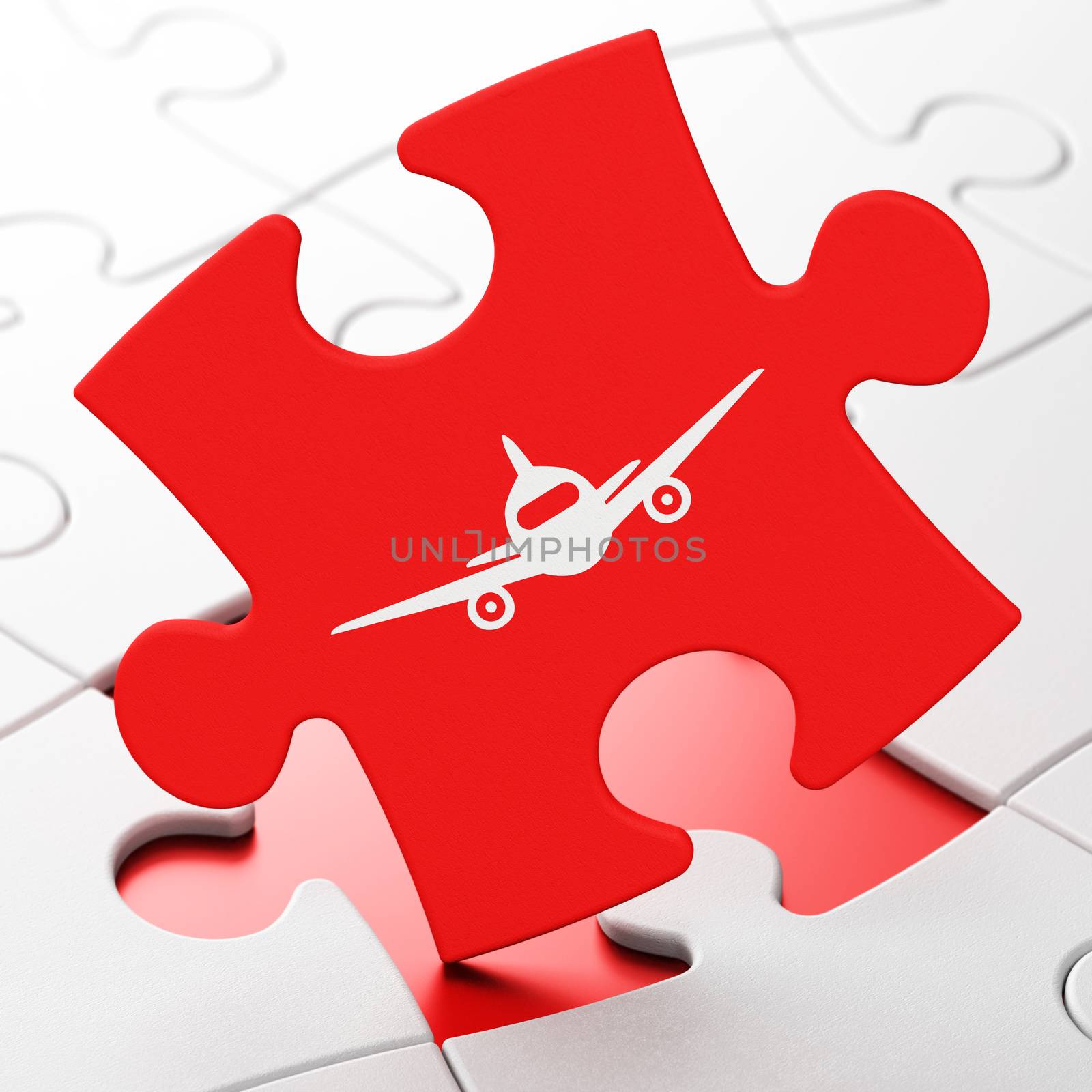 Vacation concept: Aircraft on Red puzzle pieces background, 3d render