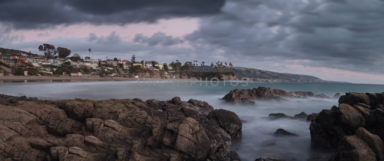 Rain clouds over Crescent Bay in the fall in Laguna Beach, California, United States