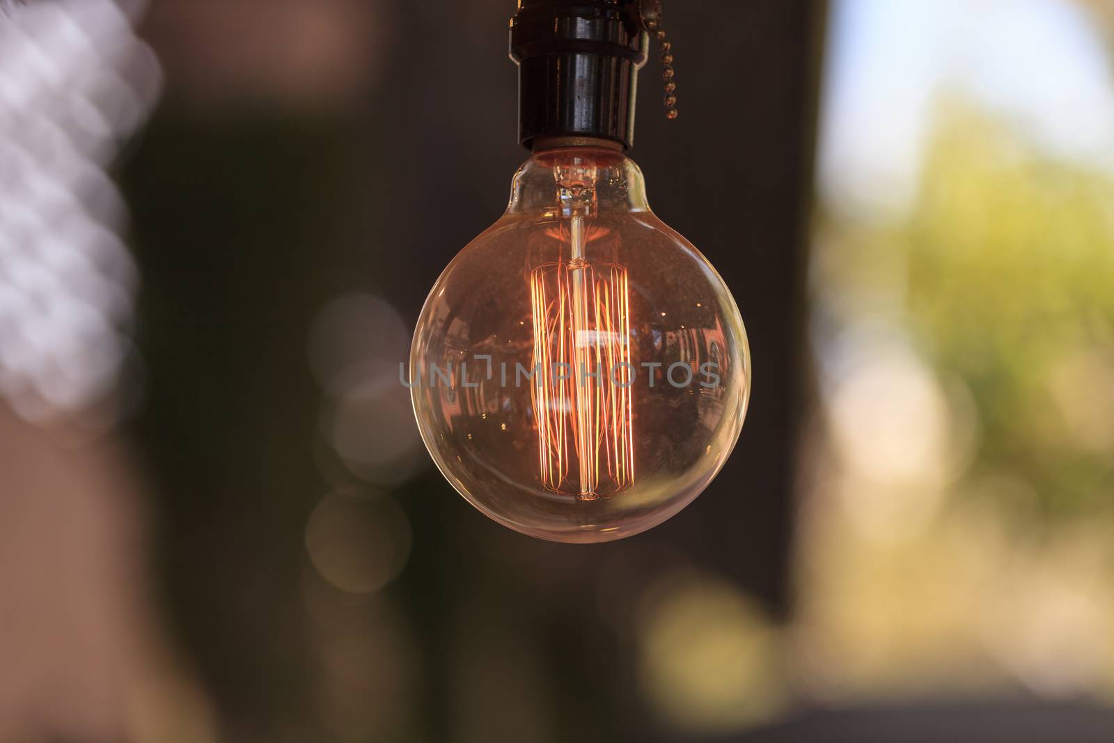 Ornamental light bulb lit up and hanging from the ceiling with a modern kitchen in the background, representing a rustic concept of success.