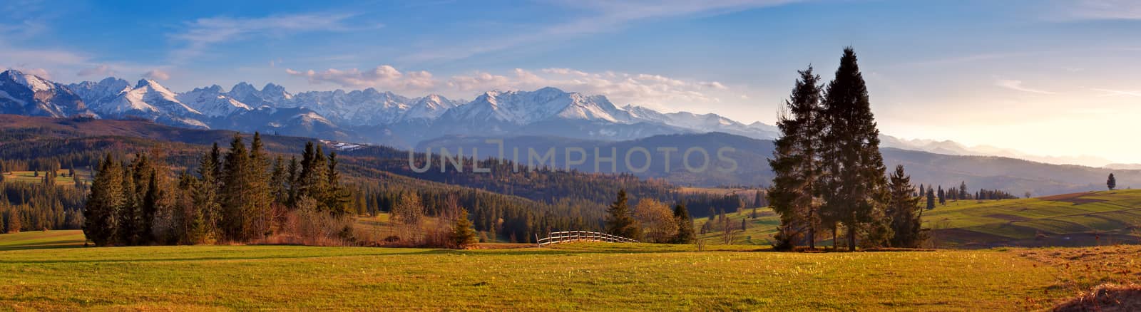 Panorama of snowy Tatra mountains in spring, south Poland. Malopolska
