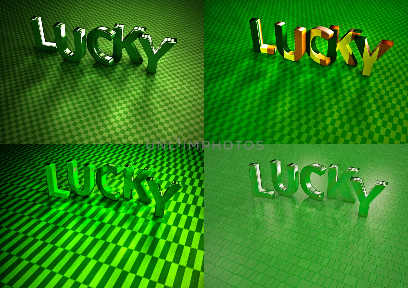 Set of pictures dimensional inscriptions of LUCKY on green background.