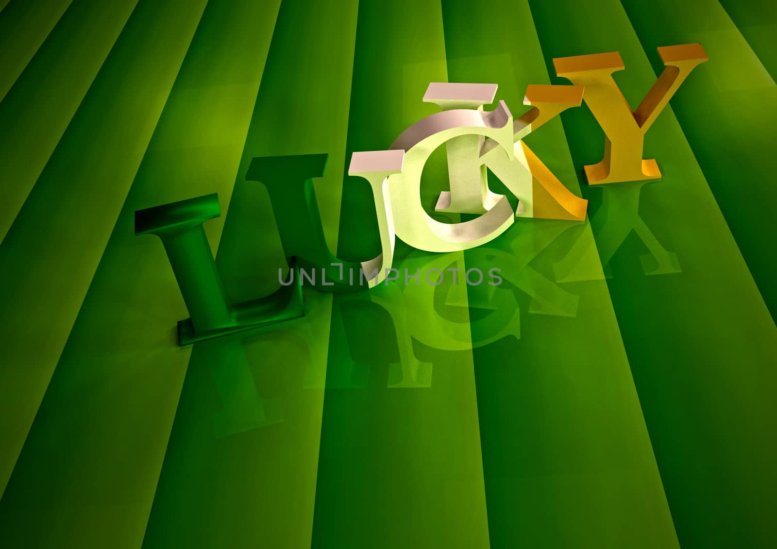 Dimensional inscription of LUCKY on green background.