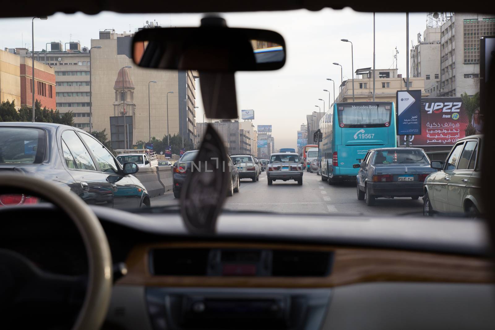 Cairo, Egypt - March 3, 2015: Heavy traffic on 6th October bridge, an overpass in central Cairo.