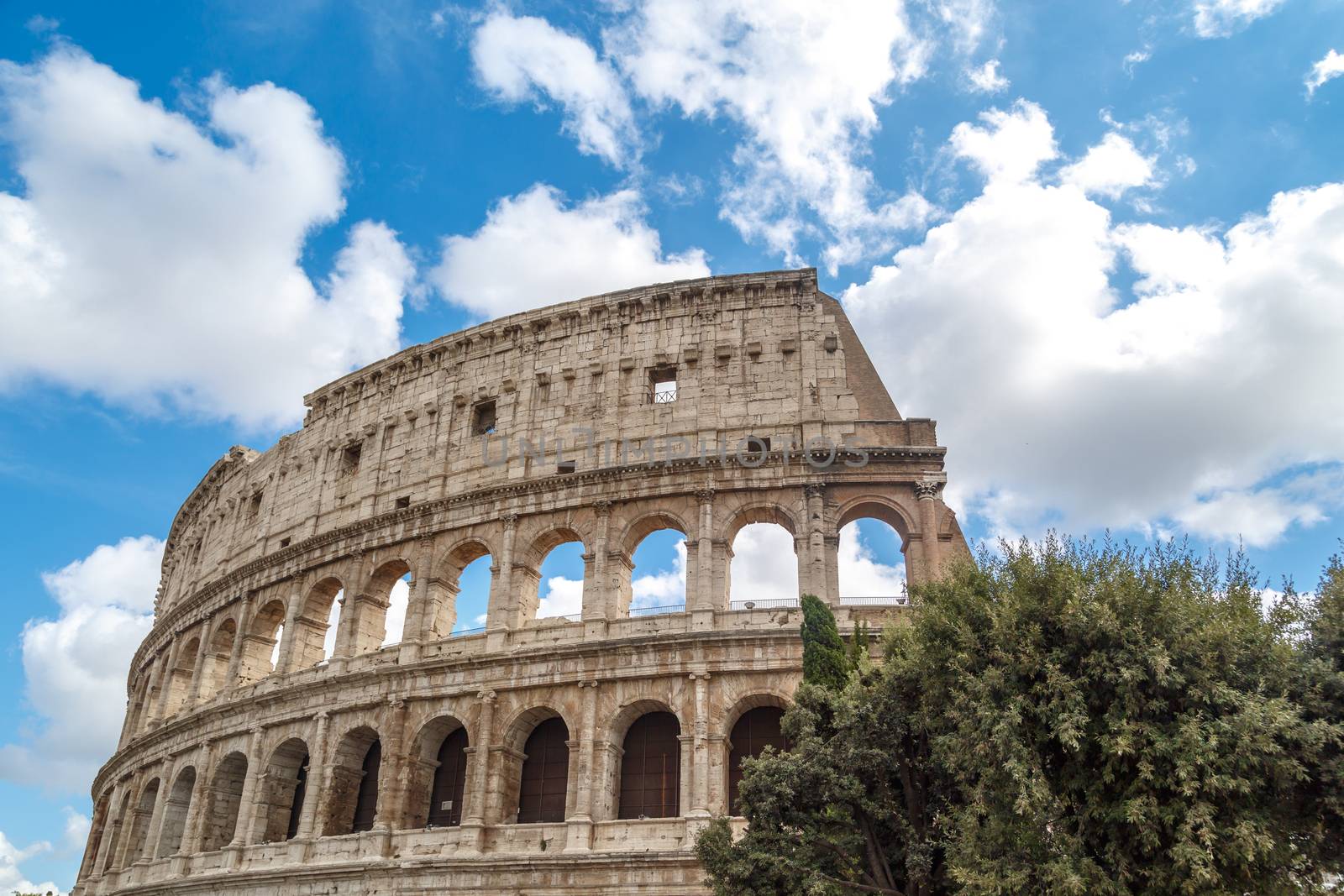 View of ancient amphitheatre of Colosseum built by Vespasian and Titus in Rome, inside trees, on cloudy blue sky background.