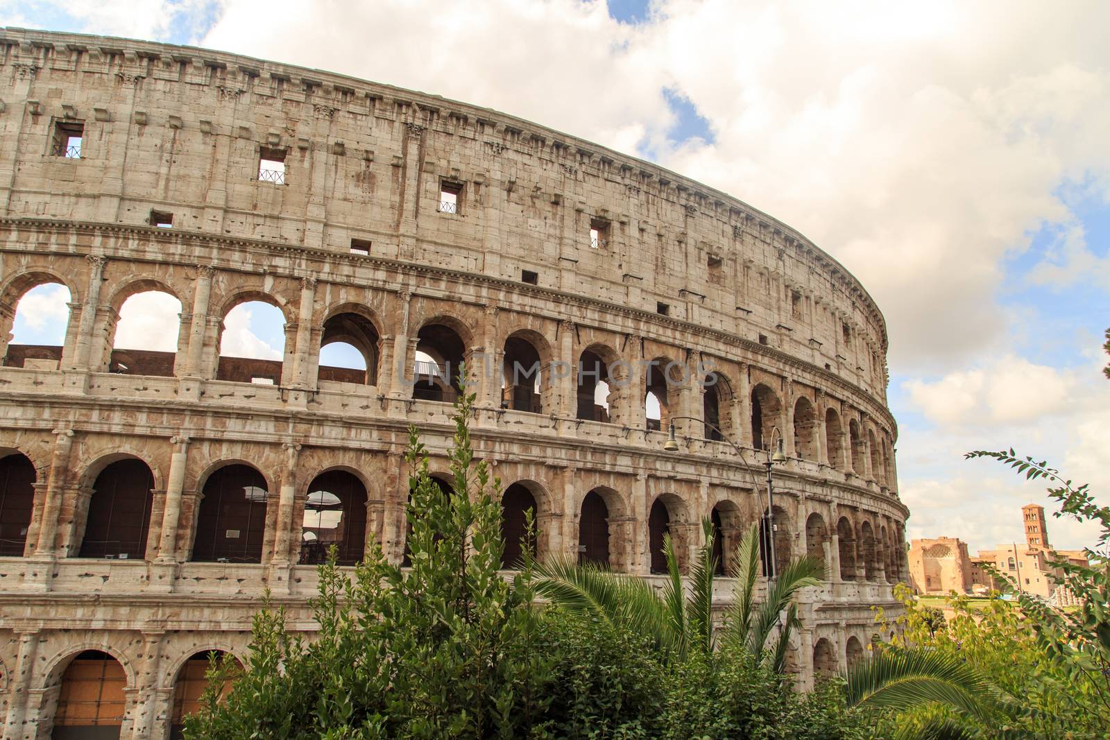 View of amphitheatre of Colosseum built by Vespasian and Titus in Rome, inside trees, on cloudy blue sky background.
