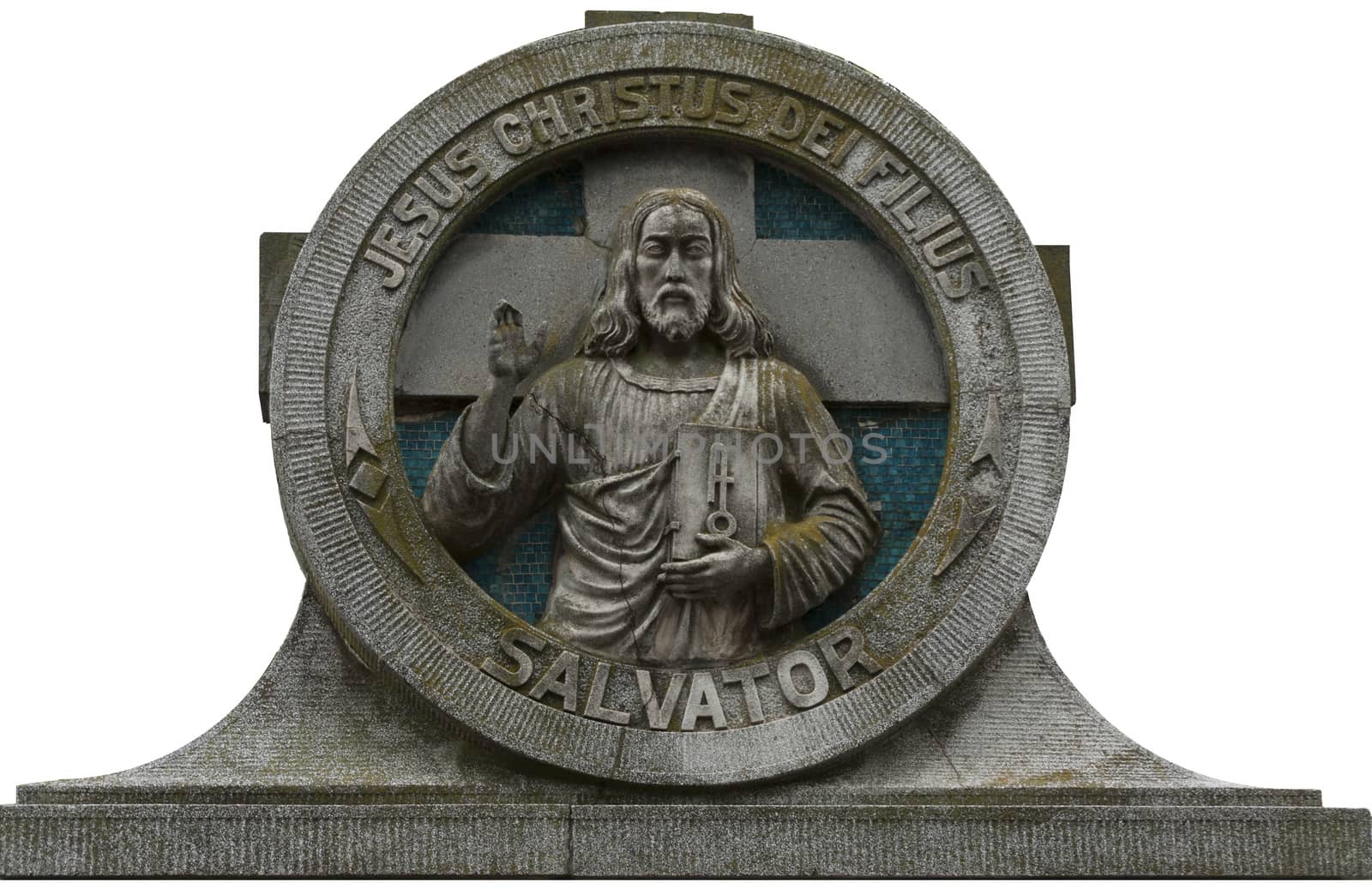 Old tombstone with figure and the inscription Jesus Christus Dei Filius  Salvator